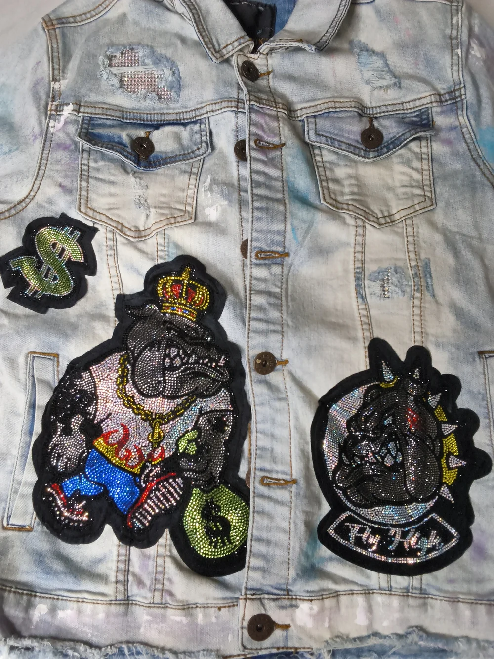 Embellished Light Blue Denim Patch Bomber Jacket